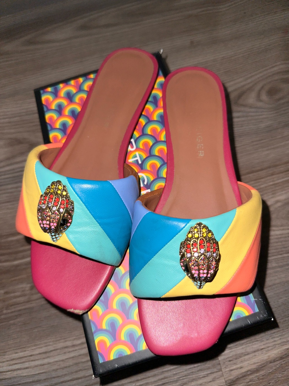 Kurt Geiger Multicolor Leather Slide Sandals with Crystal Embellishment